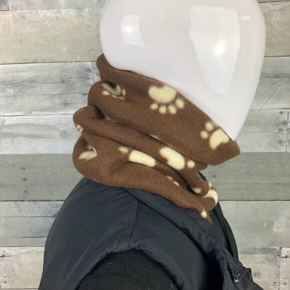 Dog Paw Print Fleece Neck Warmer: Brown Puppy Gaiter Scarf - Picture 4 of 10